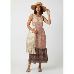 Free People Floral Print Long Maxi Sleeveless Boho Patchwork Crochet Dress 4
